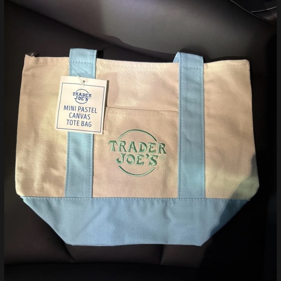Trader Joe’s Handbags - NWT Trader Joe's mini tote bag. Pastel Blue. Has an open pocket on each side.